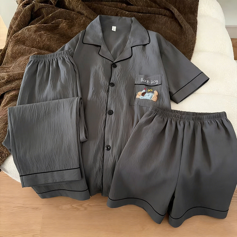 春夏季儿童短袖卡通腊肠狗睡衣三件套男童可外穿中大童家居服套装