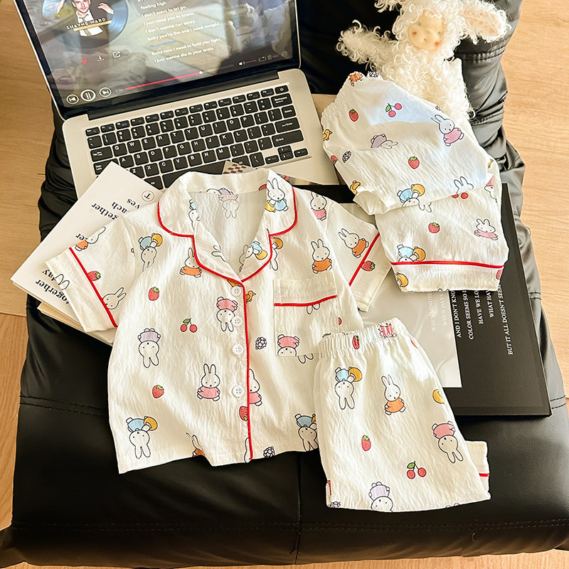 儿童卡通可爱小兔子睡衣三件套女童夏季云朵棉短袖长裤宝宝家居服