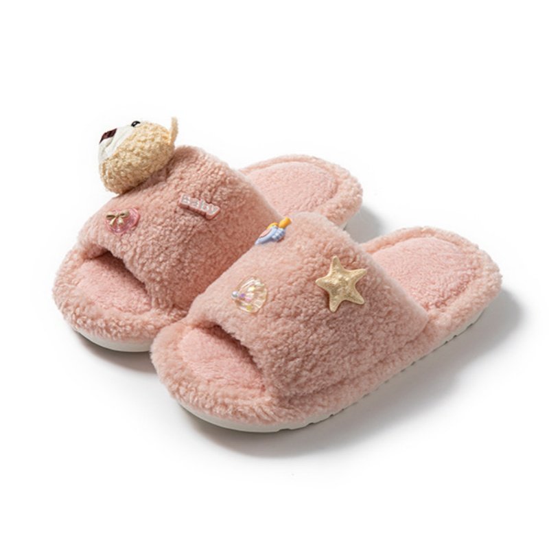 可爱ins风卡通星星小熊开口毛毛拖鞋秋冬居家室内防滑棉拖鞋拖鞋