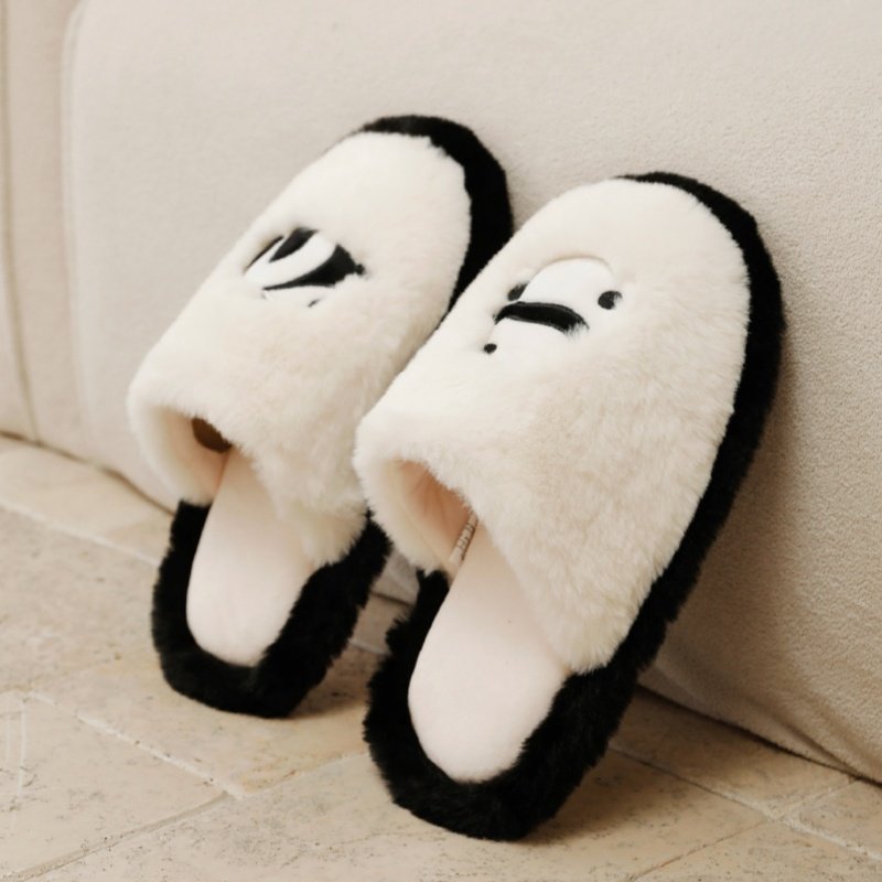 可爱卡通小熊猫拼色毛绒棉拖鞋女秋冬居家室内防滑保暖家用棉拖鞋