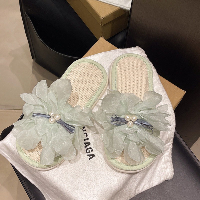 小众温柔风珍珠花朵亚麻凉拖鞋女士夏季居家室内防滑地板家用拖鞋