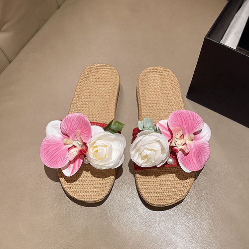 优雅蝴蝶兰花朵亚麻夏季凉拖鞋