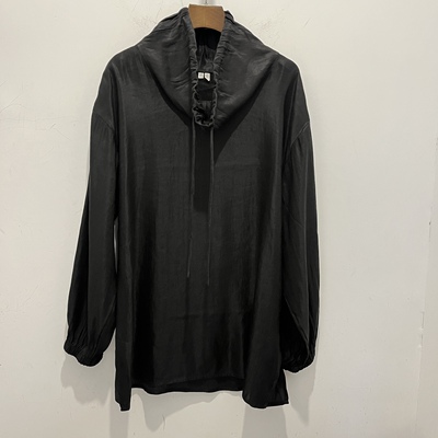 ark~et休闲高领梭织麻真丝垂领系带套头宽松衬衣