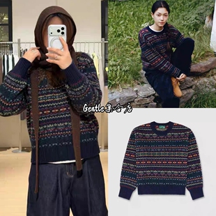 现货 韩国urbanic30 氛围感提花圆领费尔岛套头针织衫毛衣上衣