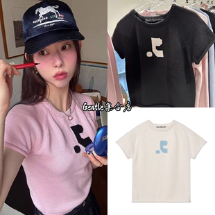 在途 restandrecreation RR提花LOGO卷边短袖针织衫修身短款T恤女