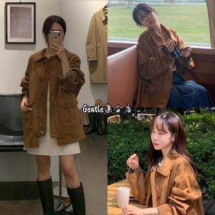 现货秒发 HOWUS 25新款韩版宽松休闲中长款皮衣夹克长袖外套上衣