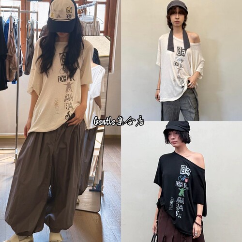 在途 OPEN YY 26夏季新款亚麻进口面料斜肩字母短袖宽松T恤上衣