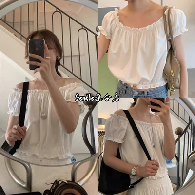 现货 ounce 26新款韩系甜美木耳边一字肩泡泡袖短款衬衫上衣
