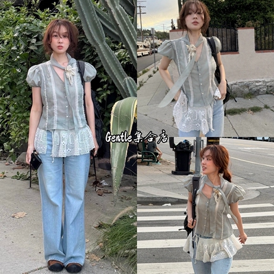 在途 fletta 夏季新款 法式甜美少女蕾丝拼接系带收腰泡泡袖衬衫