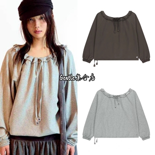 在途 coyseio 26春厦新款复古少女花边圆领抽绳慵懒长袖T恤女