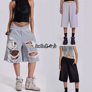 Jaded London 美式复古毛边破洞街头松紧腰宽松休闲短裤七分裤