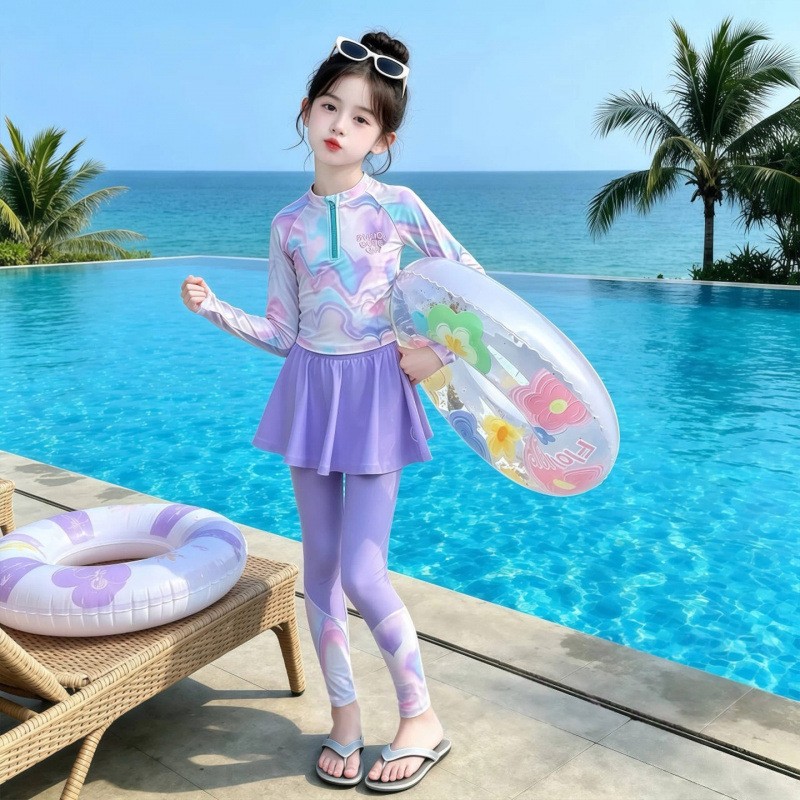 儿童分体泳衣夏装女童长袖防晒泳装中大童裙裤海边速干游泳衣新款图片