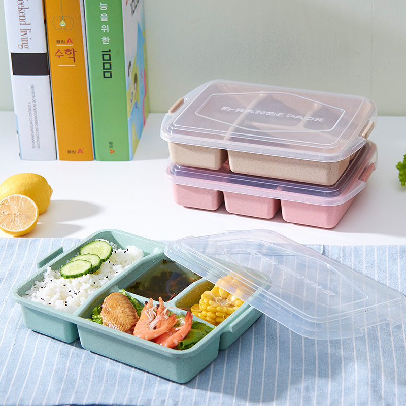 小麦秸秆饭盒便当盒保鲜盒四格分隔学生微波炉餐盒方形日式密封盒,餐饮具,饭盒/保温桶/保温提锅,淘宝优惠券,粉丝福利购,淘宝优惠卷