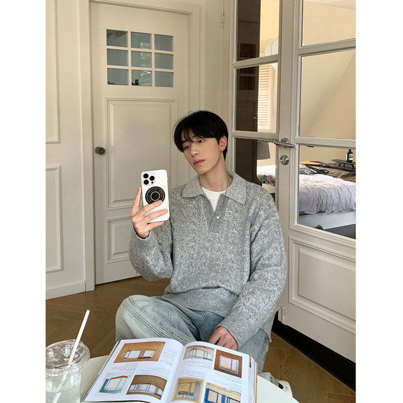 ONELYC1NS 韩版假两件翻领套头针织衫长袖男秋季宽松纯色休闲毛衣