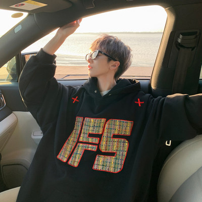 特大码连帽卫衣男美式高街痞帅重磅硬挺帽衫秋季潮牌贴布刺绣外套