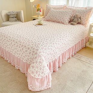 2026新款夹棉床盖粉色花边绗缝床单少女心床裙床罩三件套四季通用