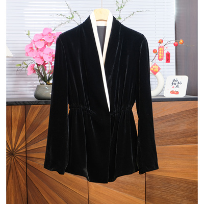 真丝丝绒V领抽绳收腰外套拼接醋酸立领收腰显瘦上衣
