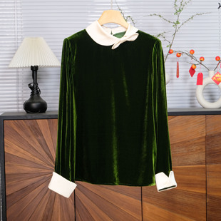 真丝丝绒娃娃领衬衫女长袖气质减龄百搭上衣绿色拼接