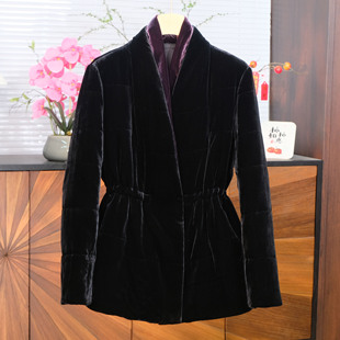 真丝丝绒V领撞色收腰显瘦棉衣外套