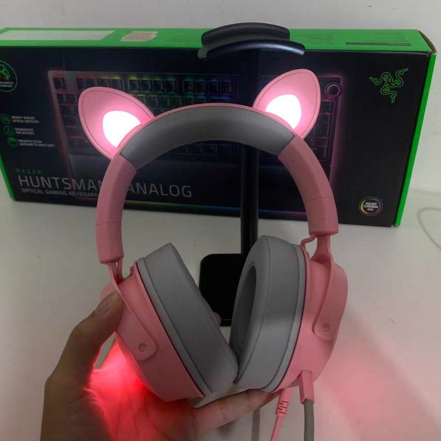 Razer雷蛇北海巨妖V2萌猫专业版粉晶游戏直播USB游戏男女可爱耳机