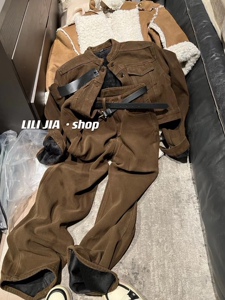 秋冬女2023新款美拉德加绒牛仔短款外套高腰长裤两件套装