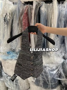 小香风法式重工亮片马甲修身显瘦短款V领排扣挂脖无袖背心