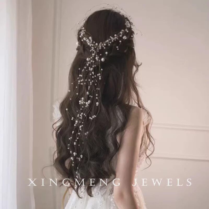 韩式新娘头饰森系人造珍珠仙美发带超仙花环发箍结婚发饰婚纱配饰