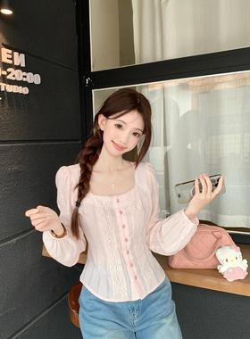 宅女家甜美风法式粉色花边方领衬衫女秋季减龄显瘦休闲百搭上衣