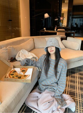 宅女家慵懒风气质条纹圆领长袖T恤女秋季宽松显瘦小众百搭上衣