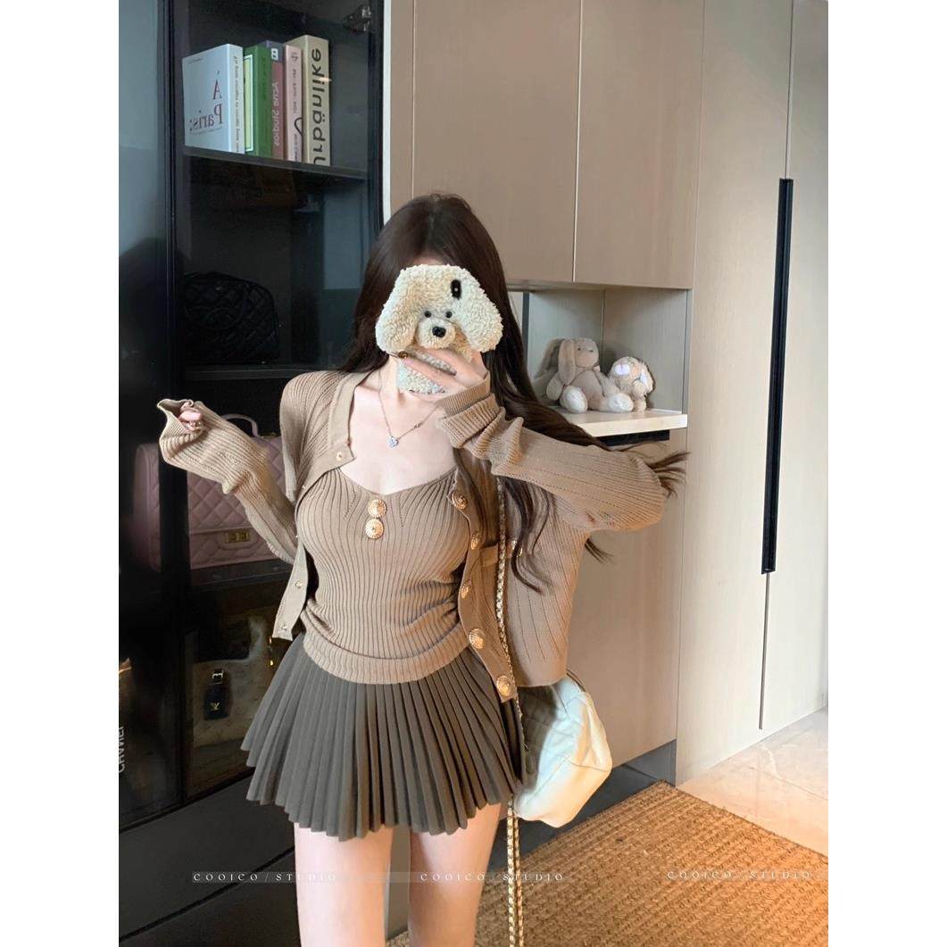 宅女家纯欲风套装重工金属扣开衫外套女秋季内搭吊带背心两件套