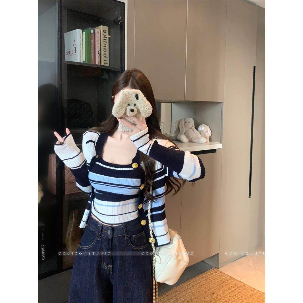 撞色条纹气质长袖开衫外套女秋季穿搭套装内搭吊带背心上衣两件套