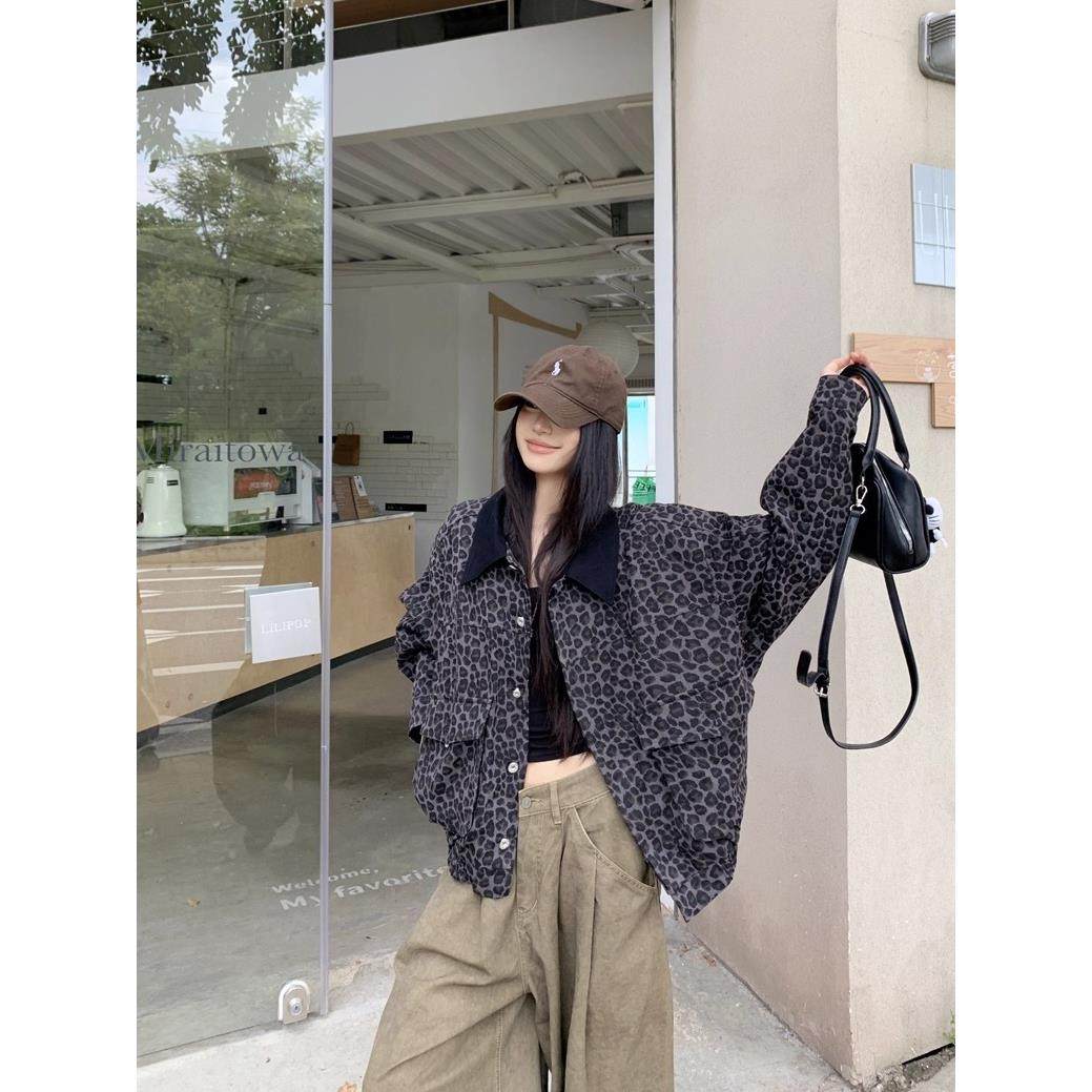 宅女家覆古辣妹豹纹翻领长袖外套女装秋季百搭宽松显瘦夹克上衣