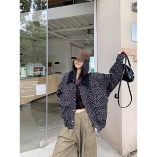 宅女家覆古辣妹豹纹翻领长袖外套女装秋季百搭宽松显瘦夹克上衣