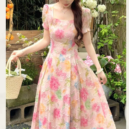 LiLi李李家【蔷薇花季】法式度假风渐变长裙粉色花朵大摆连衣裙女