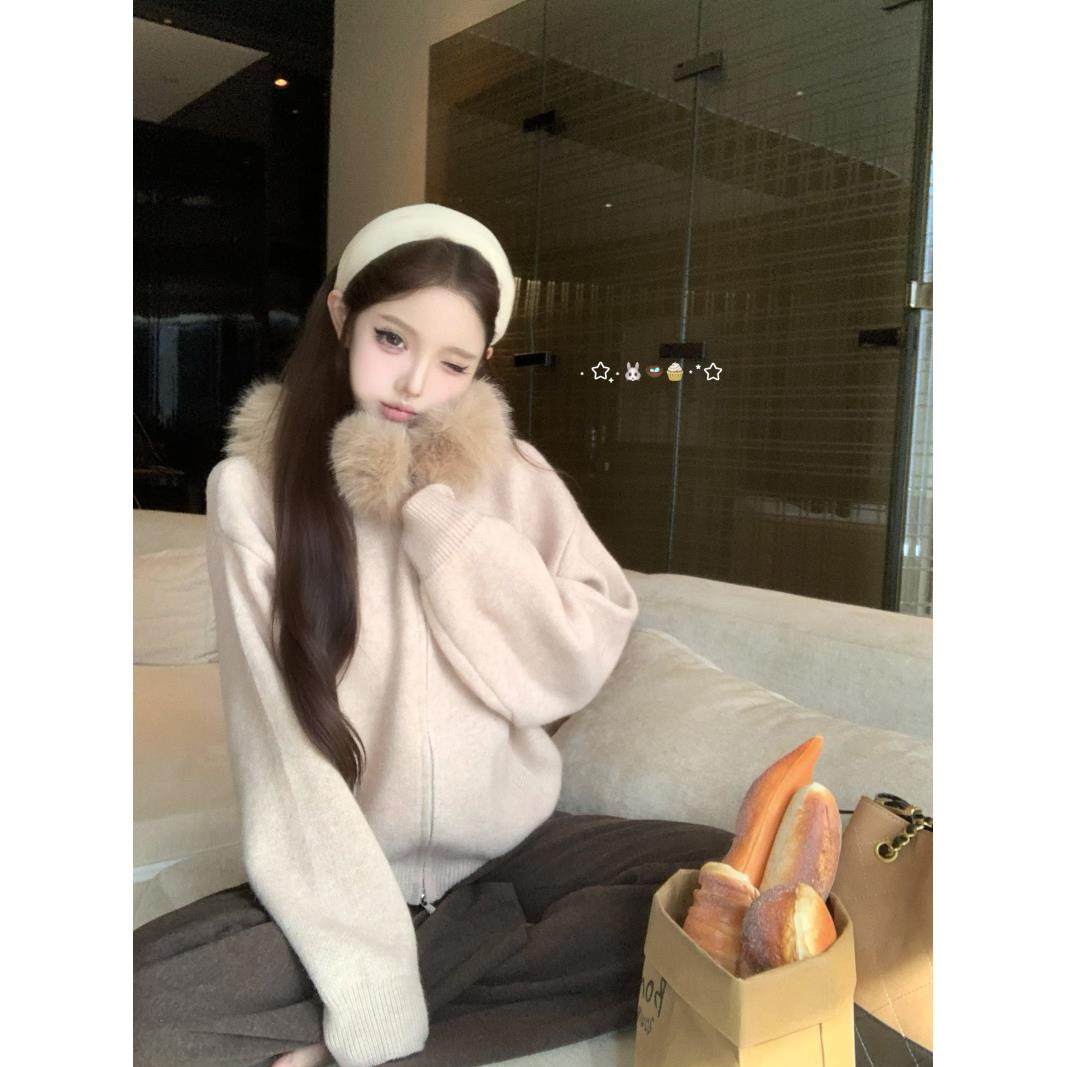 宅女家慵懒风毛领连帽长袖毛衣外套女秋季小众别致宽松显瘦上衣