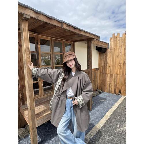 宅女家设计感豹纹拼接宽松气质长袖风衣外套女秋季显瘦百搭上衣