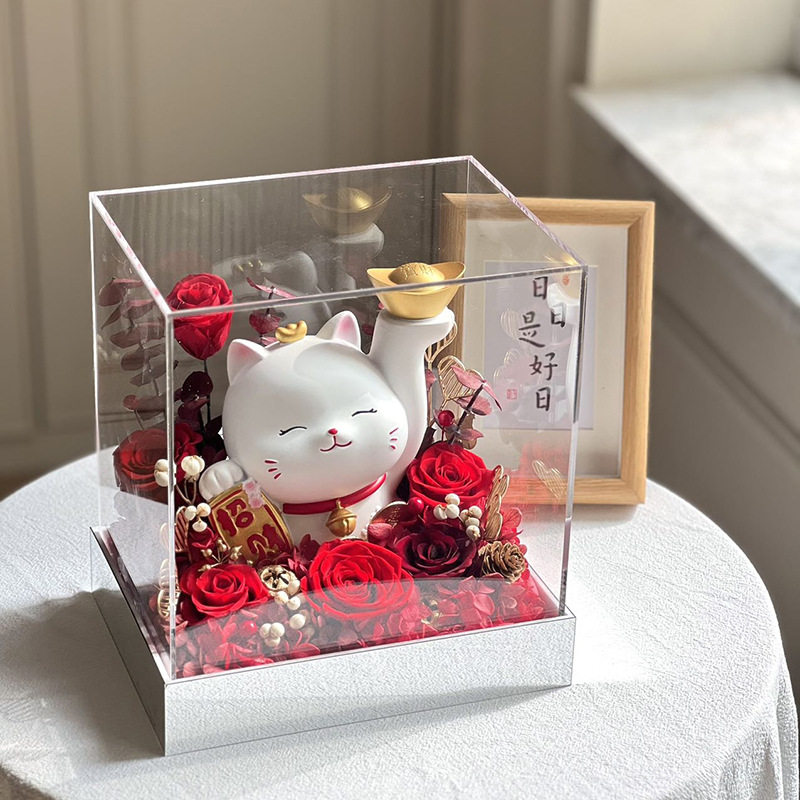 永生花玫瑰花招财猫亚克力成品开业高级感情人节礼物跨境批发礼品