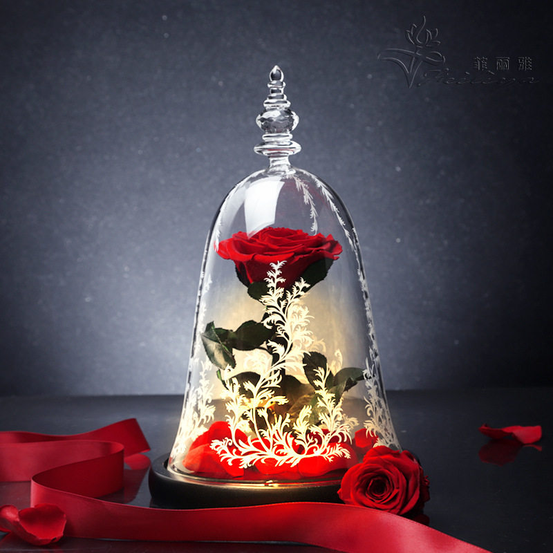 批发圣诞节礼物情人节永生花玻璃罩玫瑰美女与野兽王子干花保鲜花