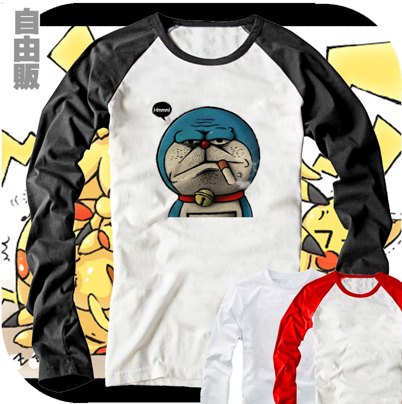 哆啦a梦机器猫阿蒙小叮当抽根烟男女全纯棉长袖插肩t恤衫上衣服