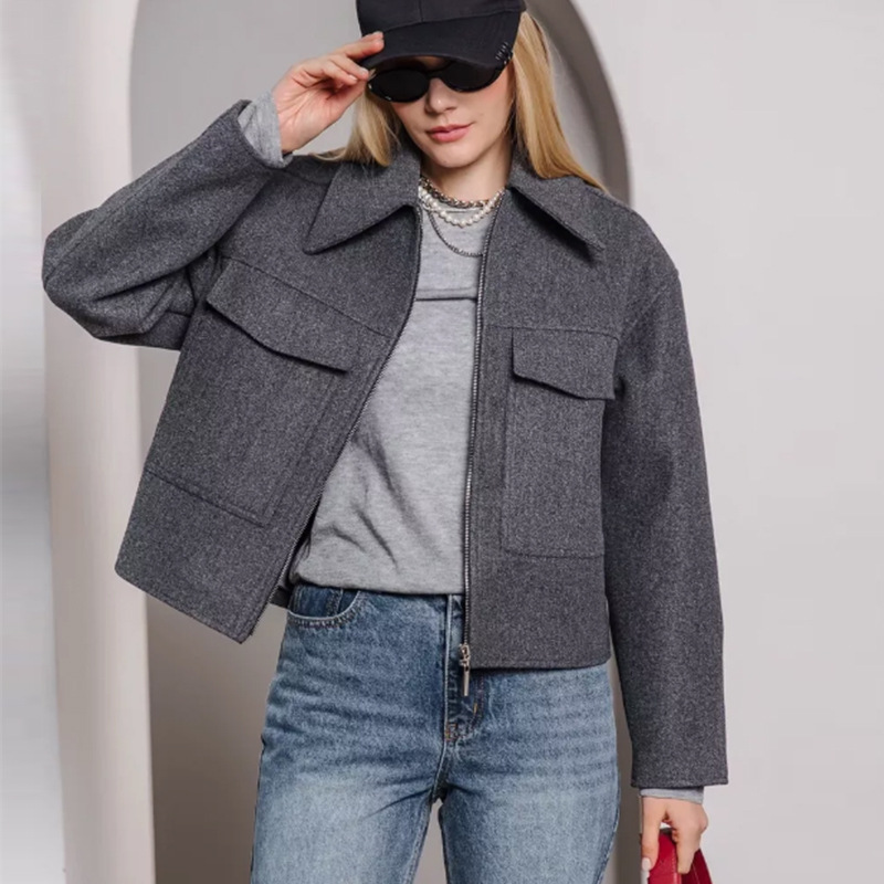 跨境欧美毛呢外套大口袋长袖上衣2025秋冬新款翻领夹克开衫女