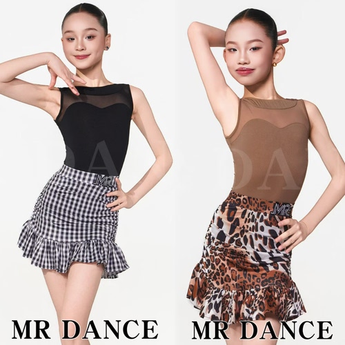 MR舞服FZS旗下少儿拉丁舞女春水晶棉麻黑白格褶皱花边短裙练功服