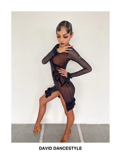 David舞服拉丁舞女士秋冬性感设计练习服艺考服珠串裙摆连衣裙