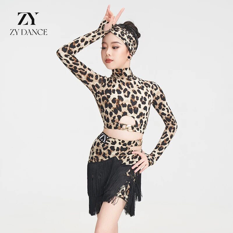 ZYdance秋冬新款少儿拉丁舞服女童专业表演练功服豹纹分体舞蹈服