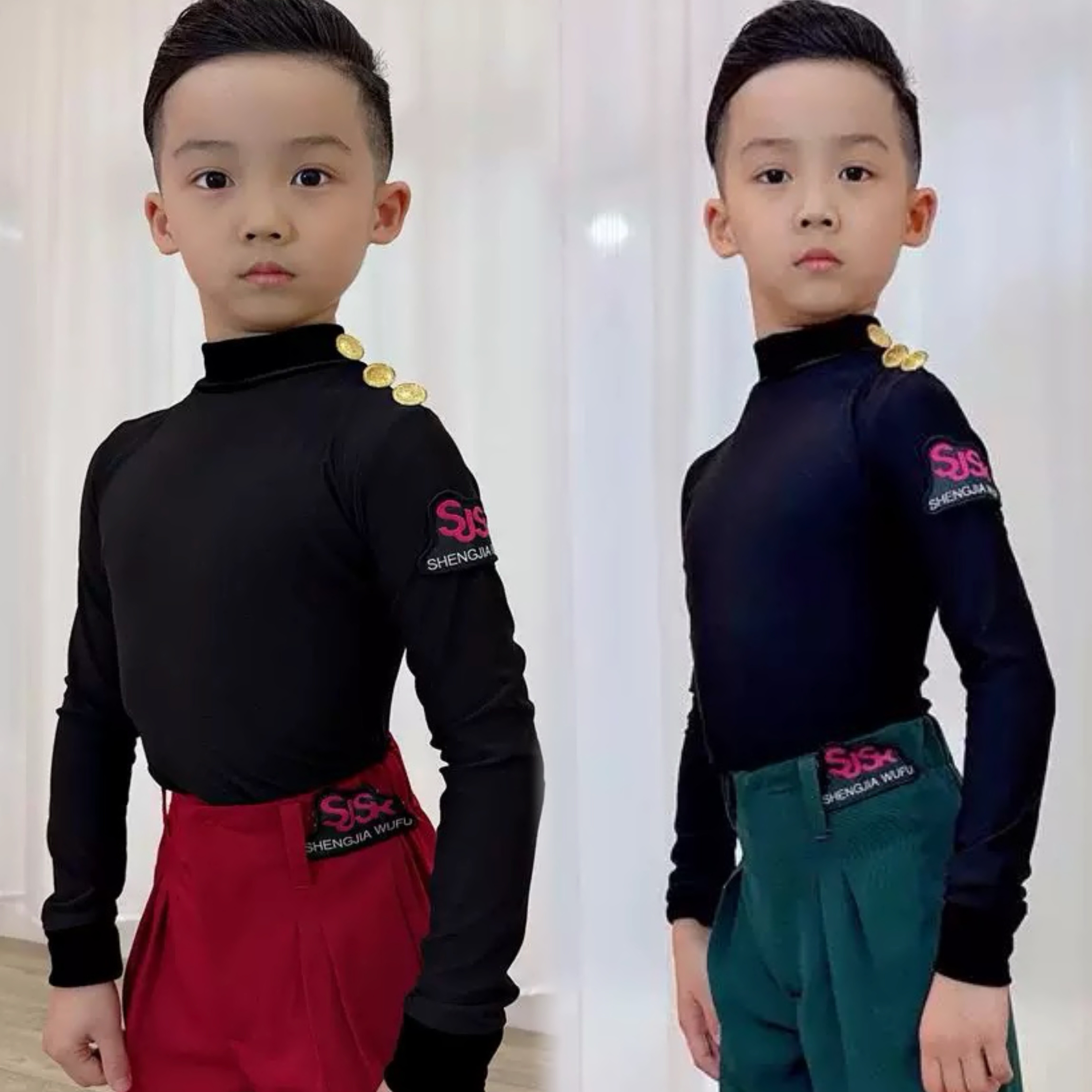 盛佳舞服SJSK少儿拉丁舞男生秋冬丝绒拼接长袖上衣连腰裤子表演服