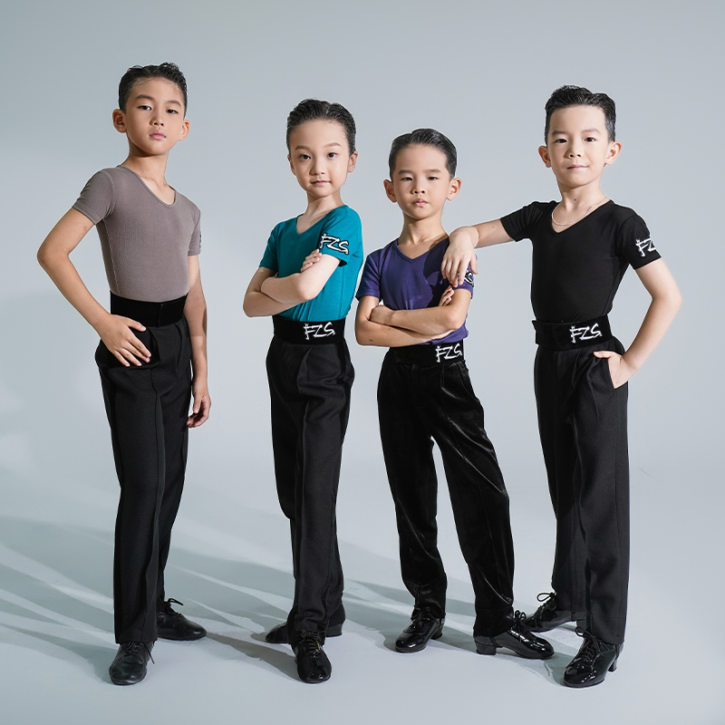 FZS舞服少儿拉丁舞男款纯色V领短袖羊驼棉练功服上衣男孩男童