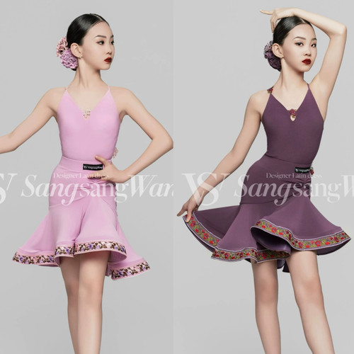 sswang舞服少儿拉丁舞夏季刺绣花边交叉系带大摆高级摩登三件套