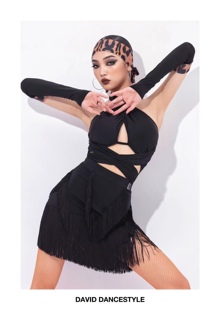 David舞服拉丁舞女士春夏豹纹手套挂脖交叉设计艺考服恰恰练习服