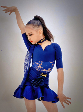 康尼舞服少儿拉丁舞蓝色蕾丝花朵领鱼骨山茶花练习服女童跳舞