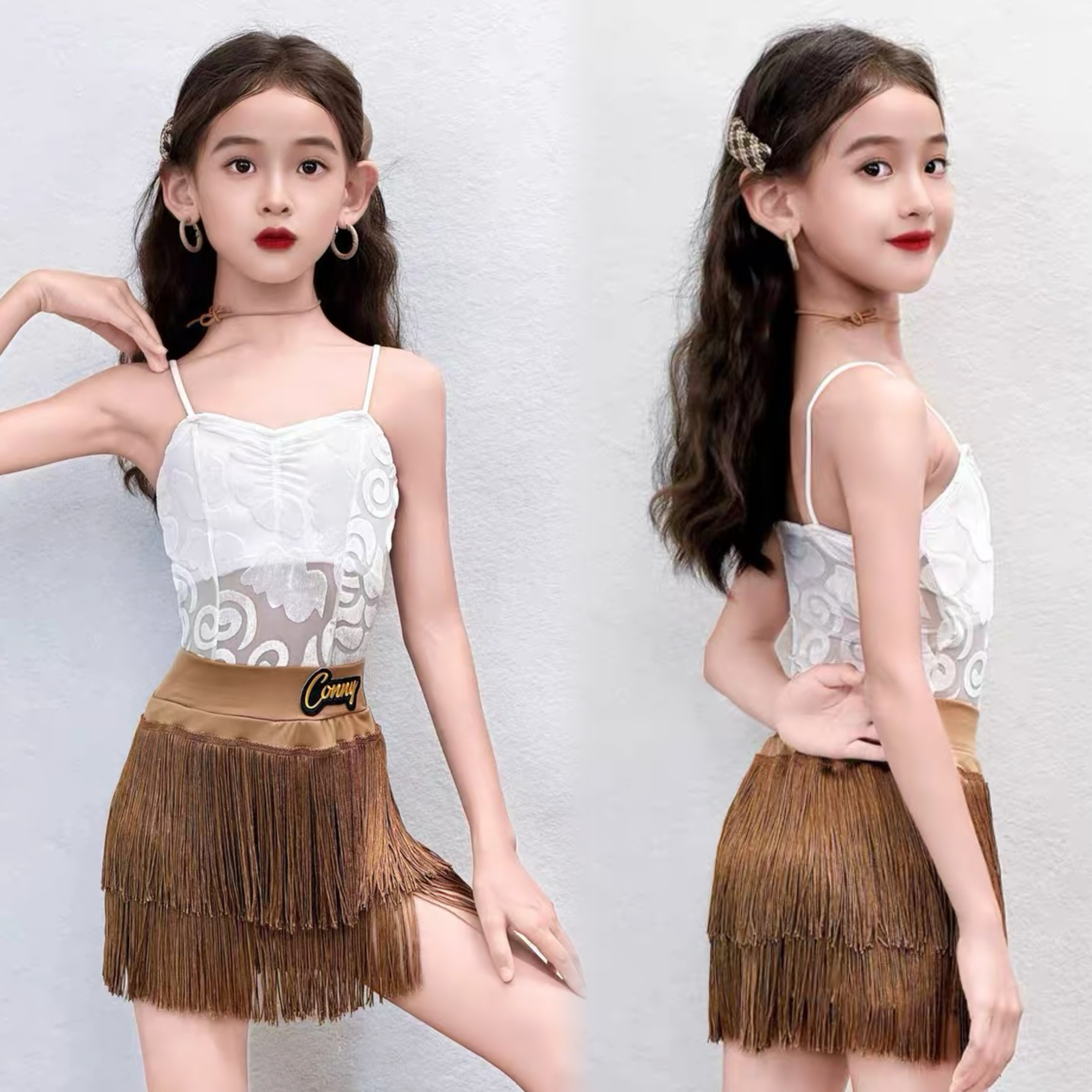 康尼CONNY少儿拉丁舞服女童夏季跳舞吊带上衣流苏裙舞蹈练功服