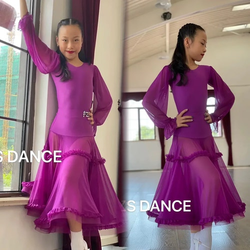 FZS舞服少儿摩登舞泡泡袖网纱拼接练习服华尔兹圆舞曲跳舞表演服